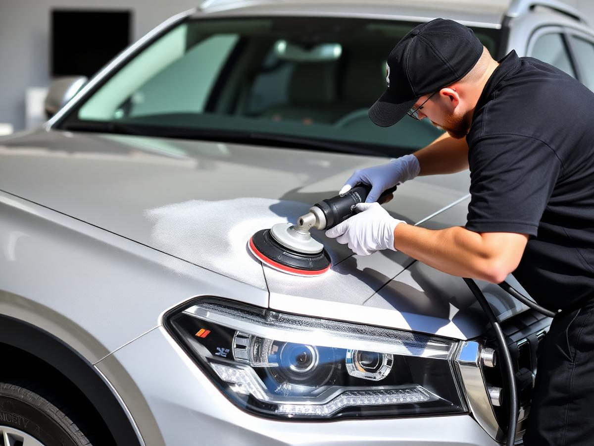 Detailer machine polishing a silver SUV