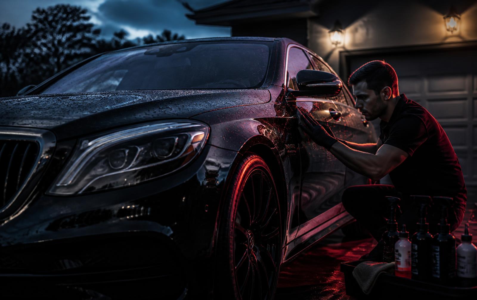Detailer polishing a glossy black car at dusk